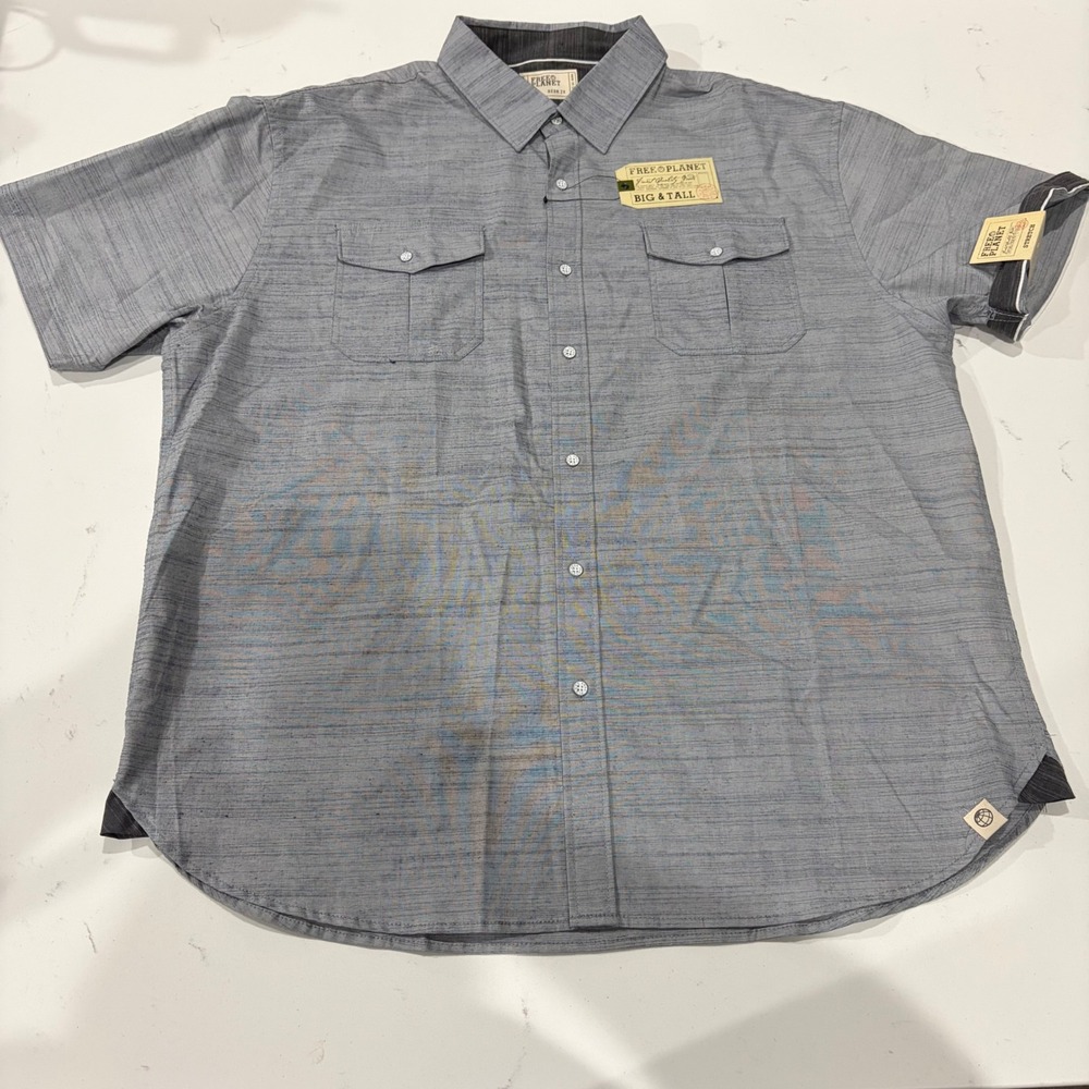 Free Planet Mens 2X Big & Tall Gray Short Sleeve Button Down Stretch Shirt NWT
